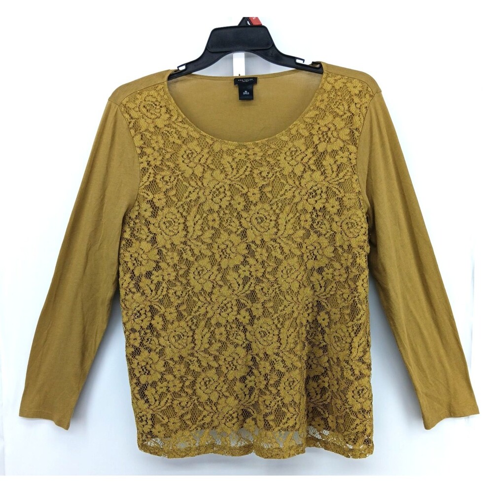 Ann Taylor Factory Shirt Womens Size XL Dark Mustard Yellow Floral Lace Overlay